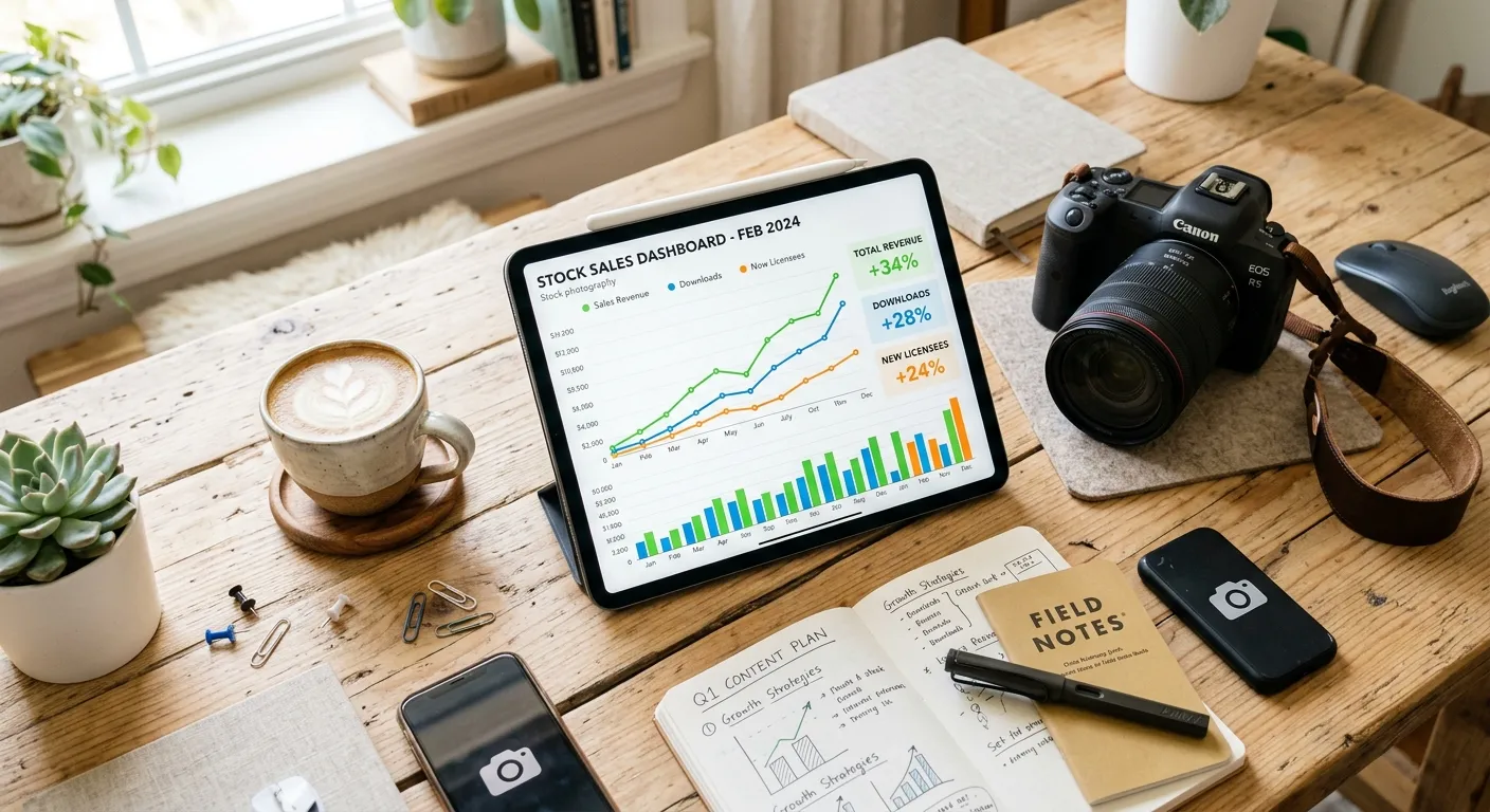 Photographer analyzing data-driven keywording microstock statistics