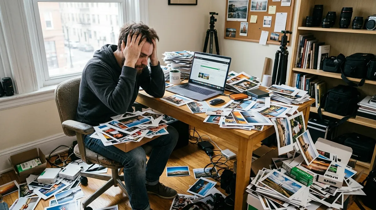 Photographer overwhelmed by hundreds of stock photos spread across a messy desk