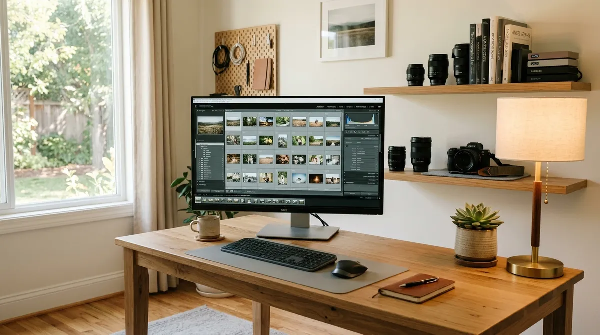 Clean organized photographer workspace with a monitor showing a well-managed photo library