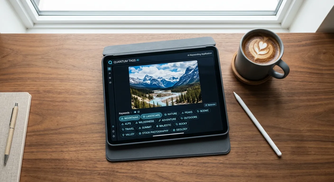 Creative professional using Meita.ai to generate microstock keywords