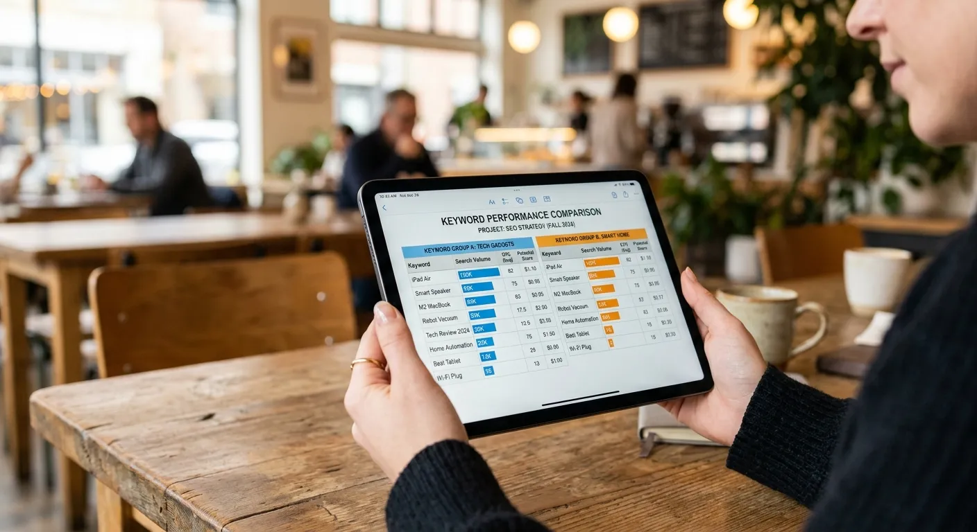 Side by side comparison of generic vs specific keywords on a digital tablet