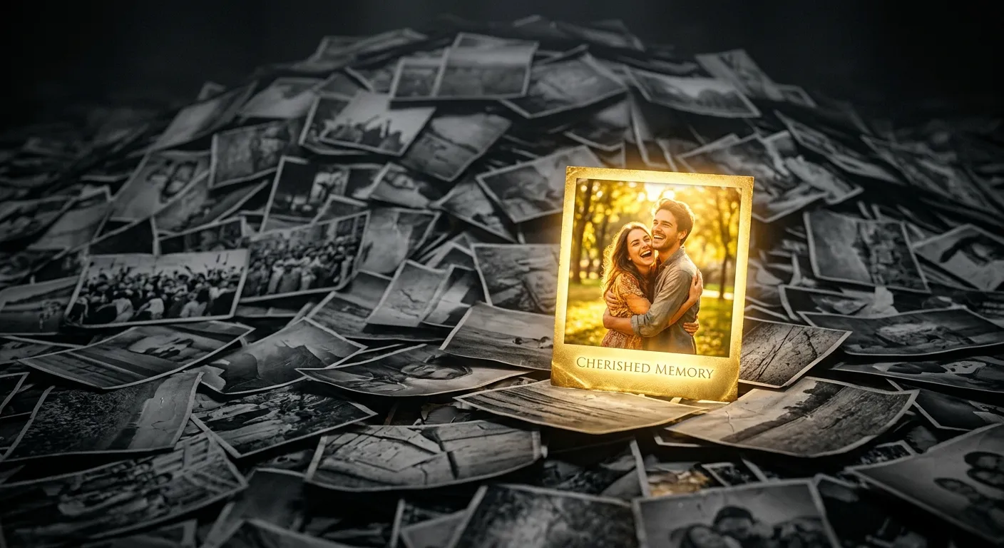 Concept of a tiny golden photograph lost in a massive pile of grayscale generic stock photos