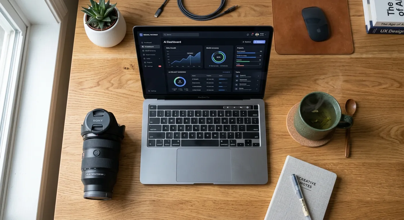Close up of hands typing on a laptop keyboard with a notebook and camera nearby