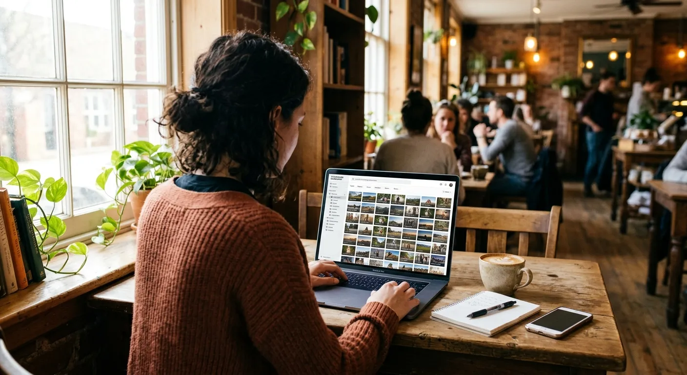 A photographer happily reviewing a large gallery of processed images on a laptop