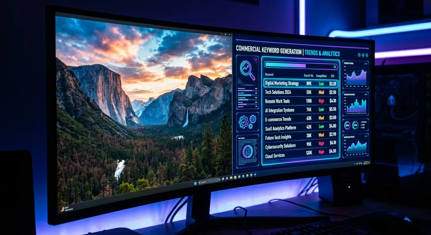 Close up of a computer screen showing AI analyzing an image and generating a list of relevant microstock keywords