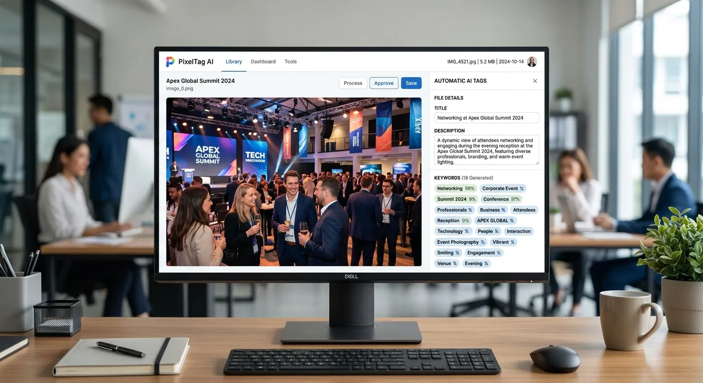 Computer screen showing an AI software automatically generating tags for a corporate event photo