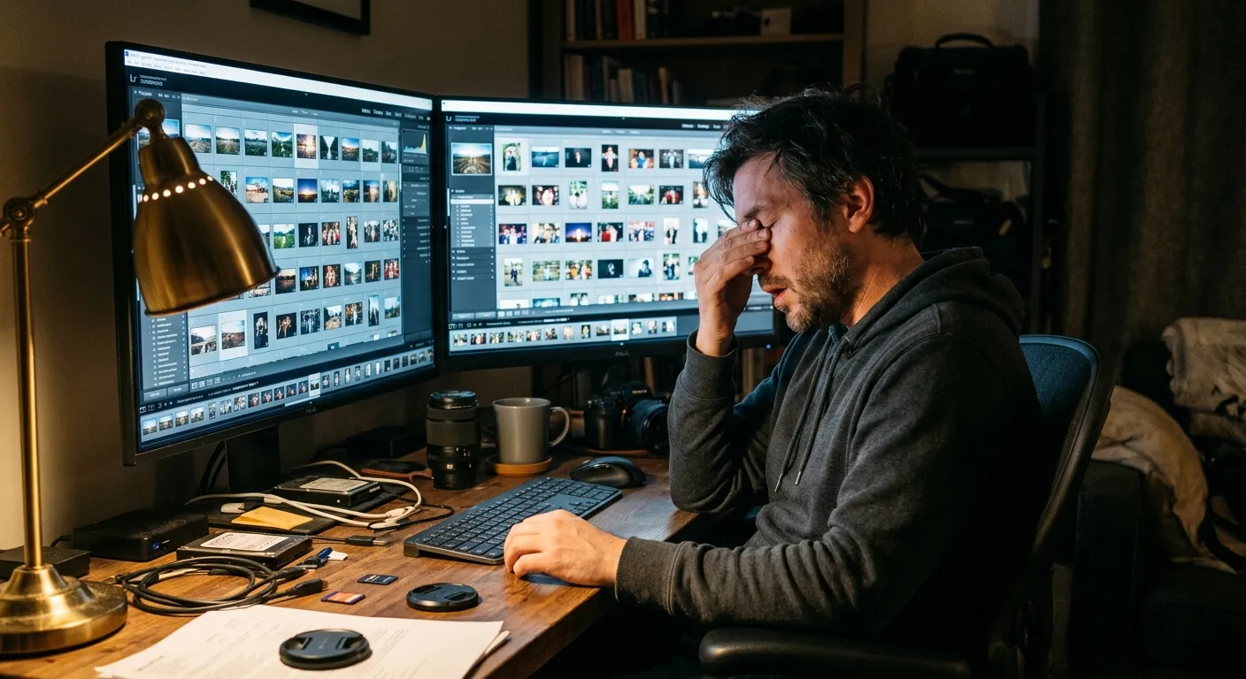 Exhausted photographer sitting at a desk with hundreds of photos on dual monitors