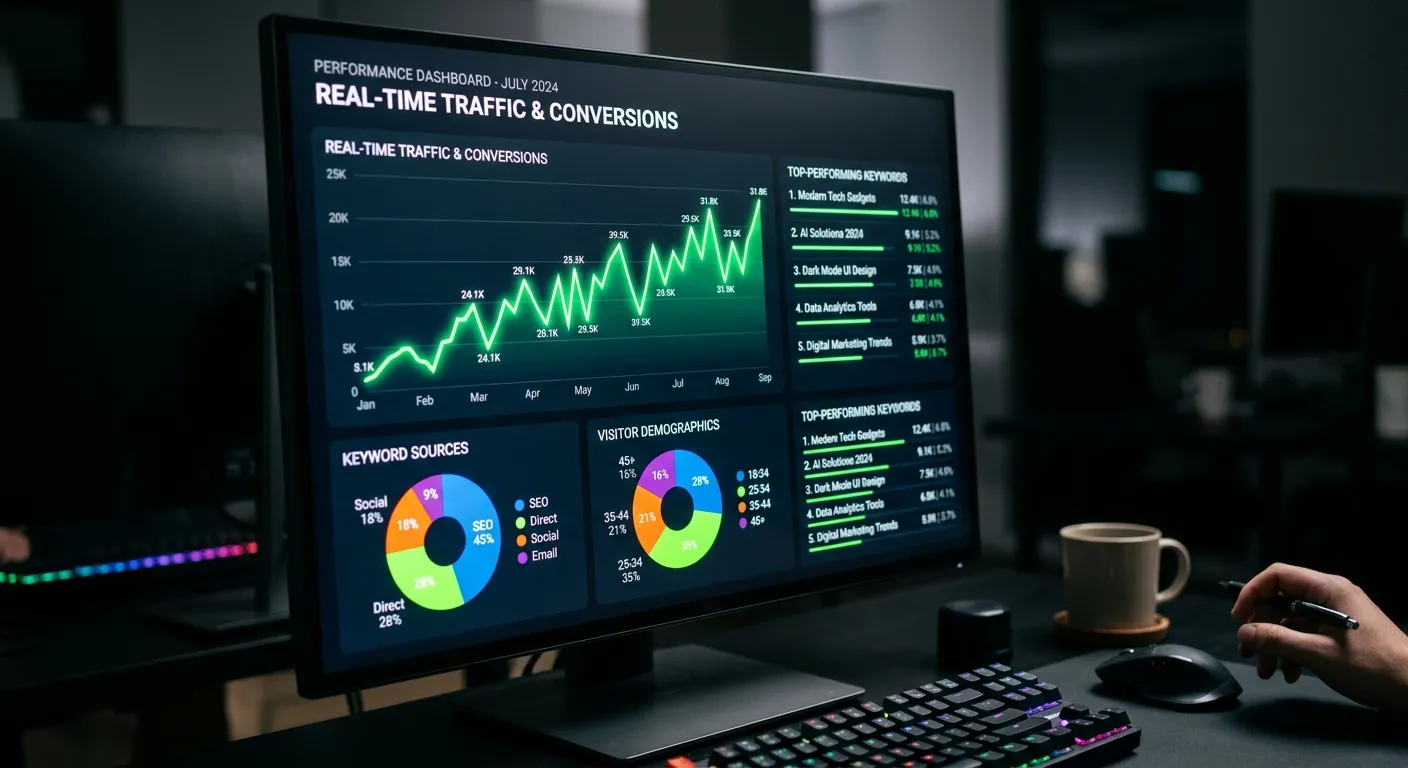 Data analytics dashboard showing increasing stock photo sales and keyword performance