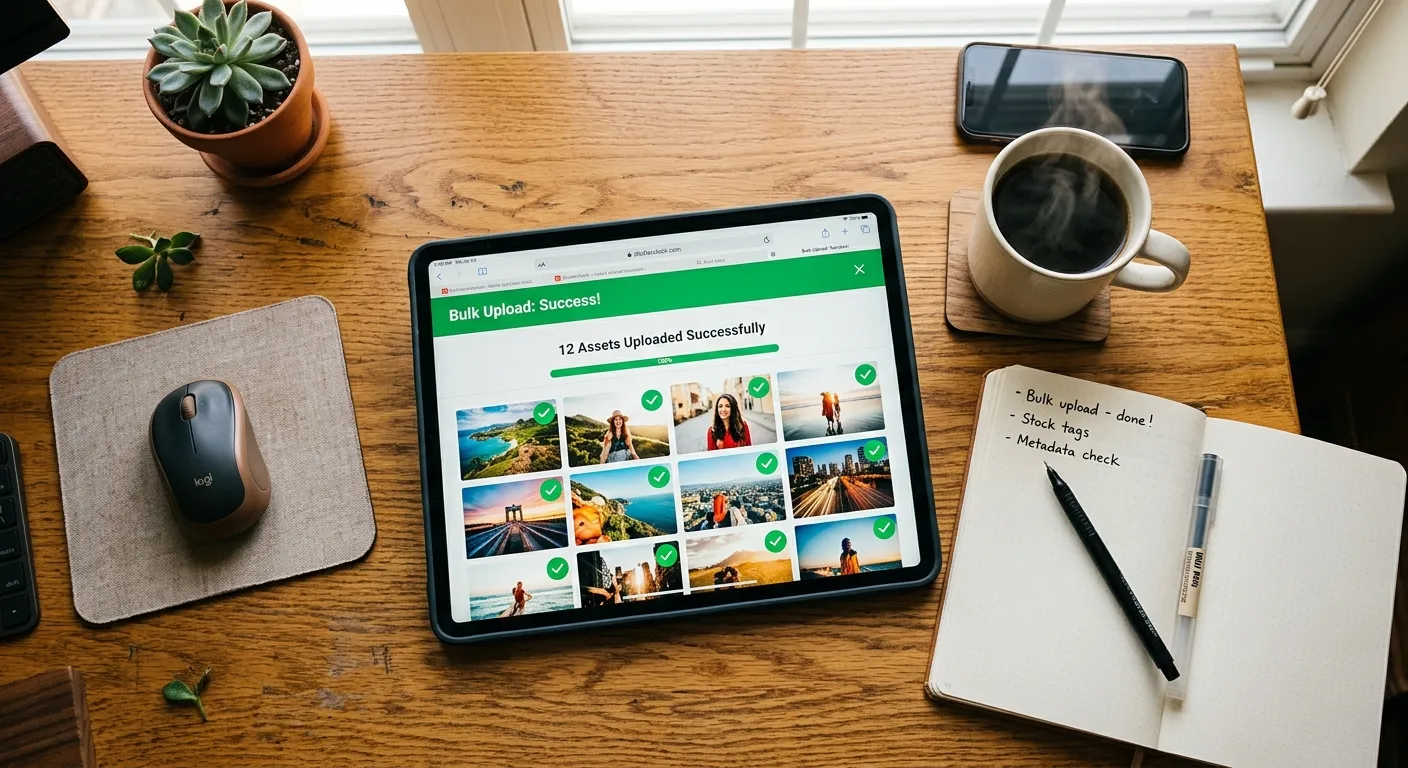 Photographer organizing bulk stock photo uploads with an automated software