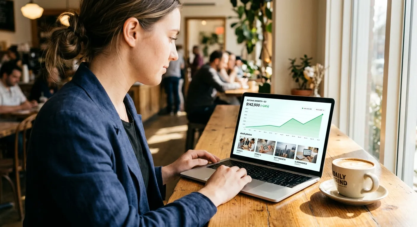 Stock photographer reviewing rising sales charts on laptop