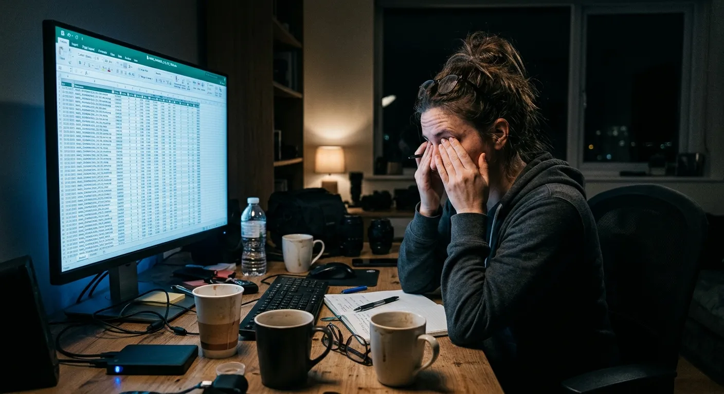 Photographer exhausted from manual stock photo keywording