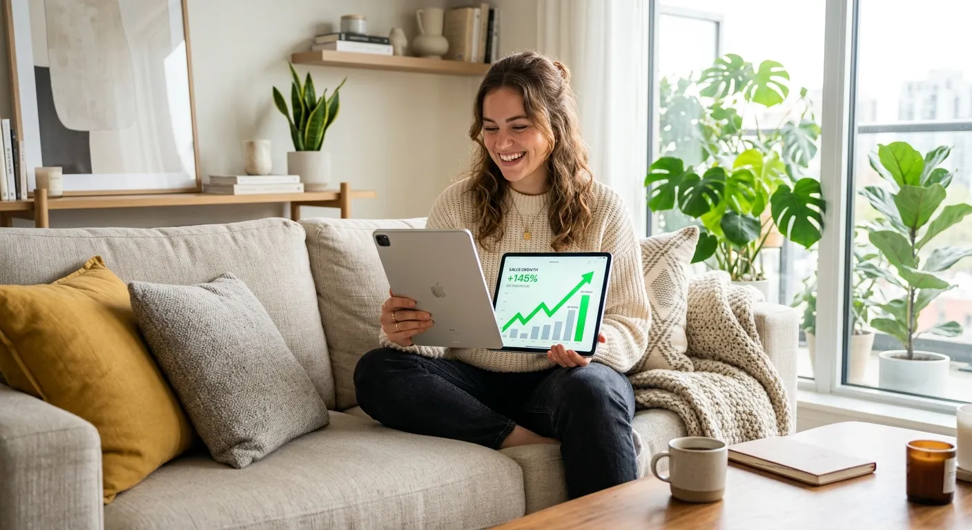 Stock photographer celebrating successful digital sales on tablet