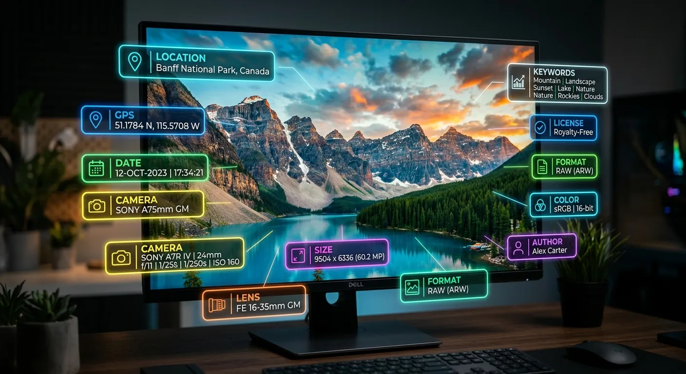 Close up of a smart metadata generation platform with tags overlaying a beautiful stock photograph