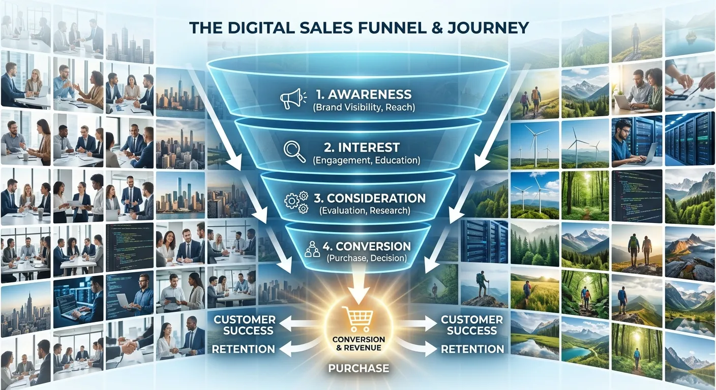 A graphical representation of a sales funnel overlaying a grid of various stock photographs
