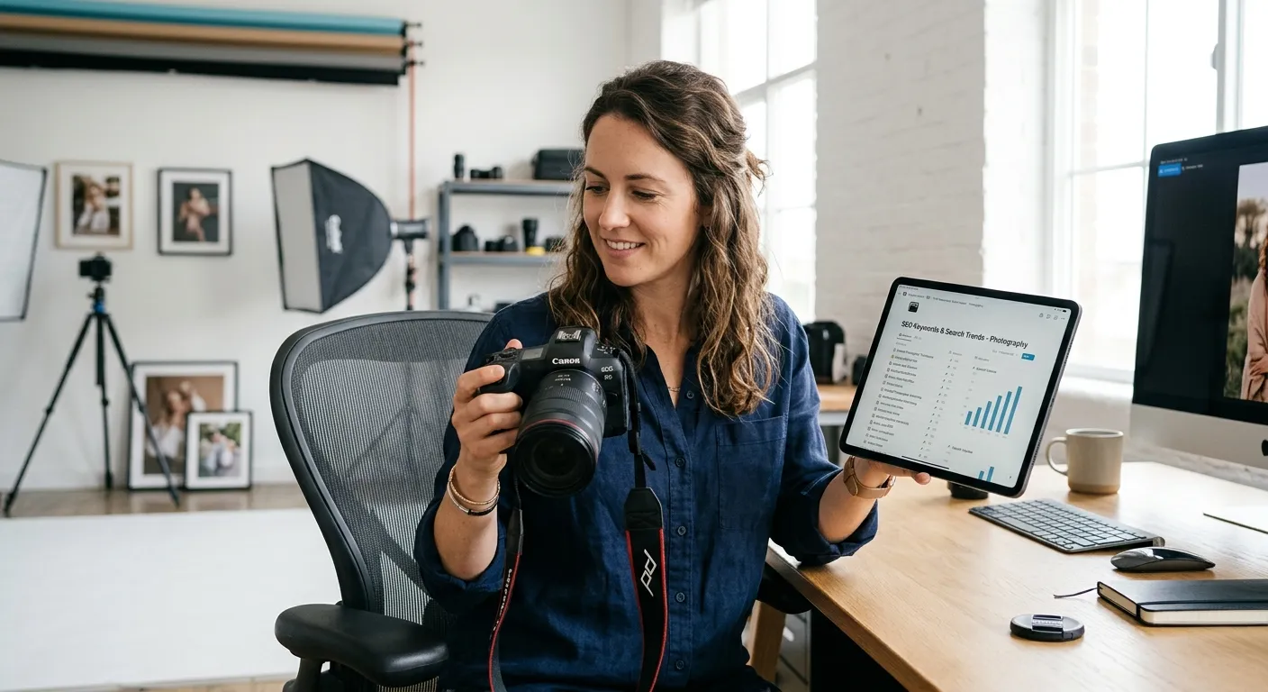 A photographer reviewing digital images on a camera while referencing a keyword list on a tablet