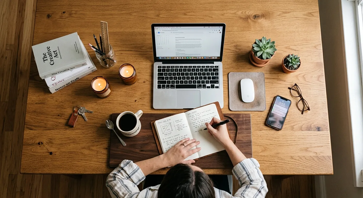 Close up of hands typing on a laptop keyboard with a notebook showing keyword strategy sketches