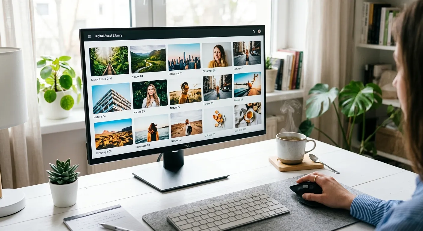 A clean workspace showing a person organizing digital files on a wide computer monitor