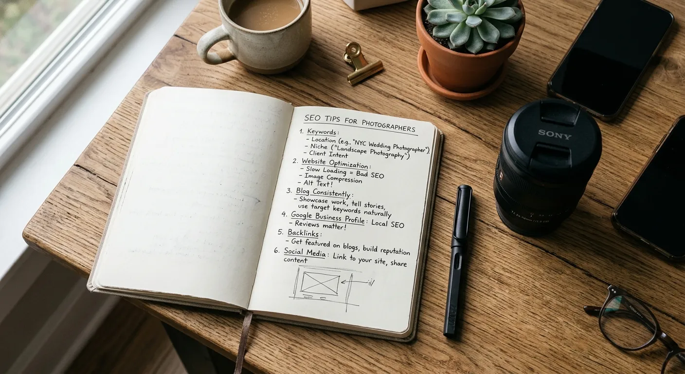 Close up of a notebook with SEO microstock tips next to a camera lens