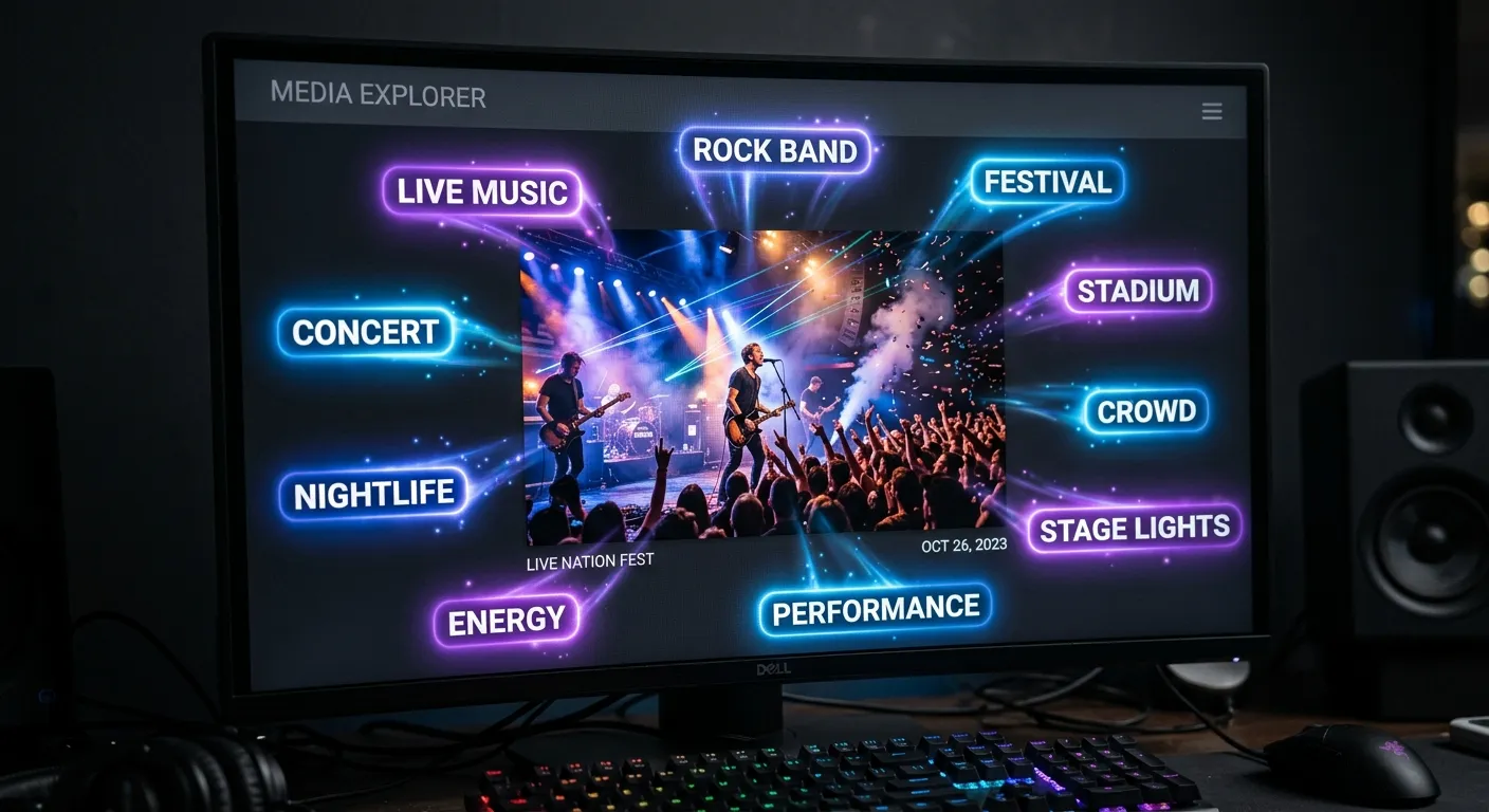 Close up of computer screen showing meita.ai generating keywords for stock photography