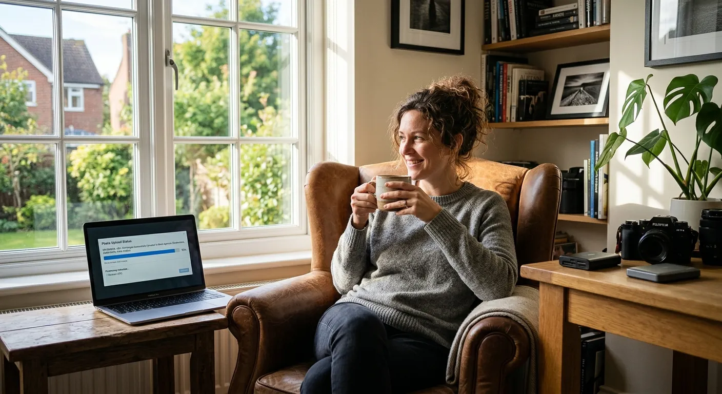 Photographer relaxing with coffee while laptop automatically uploads photos to microstock agencies