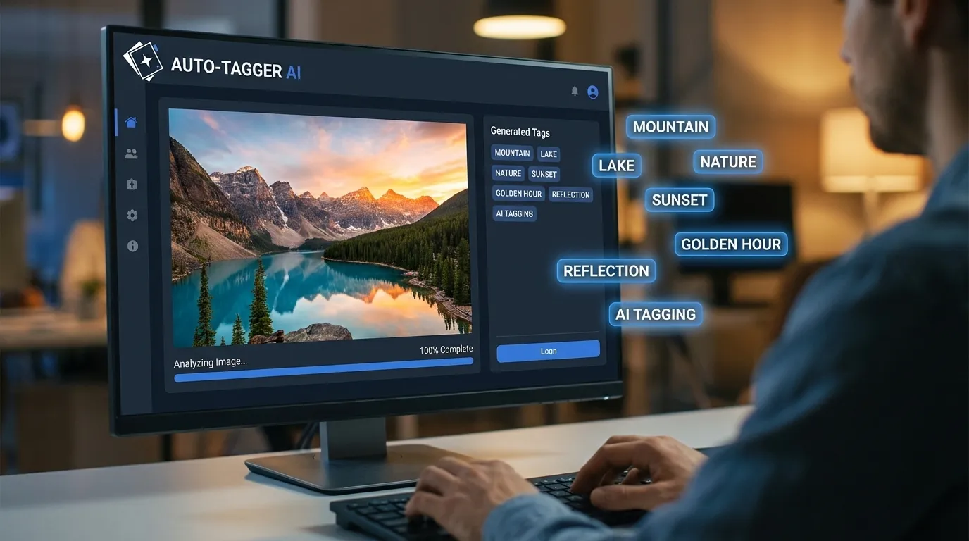 A user interface showing AI software automatically generating keywords for a photograph of a landscape