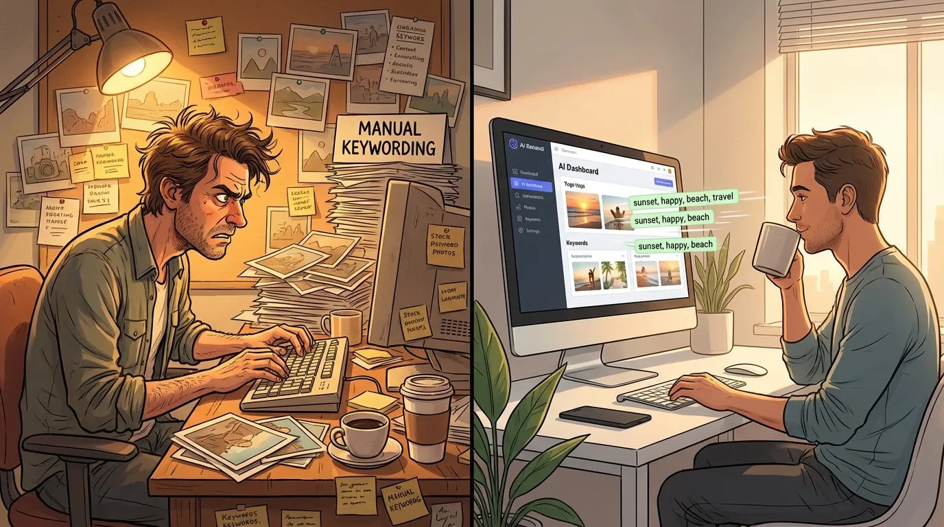 A side by side visual showing a frustrated person typing on a keyboard versus a relaxed person holding a cup of tea while AI keywords photos