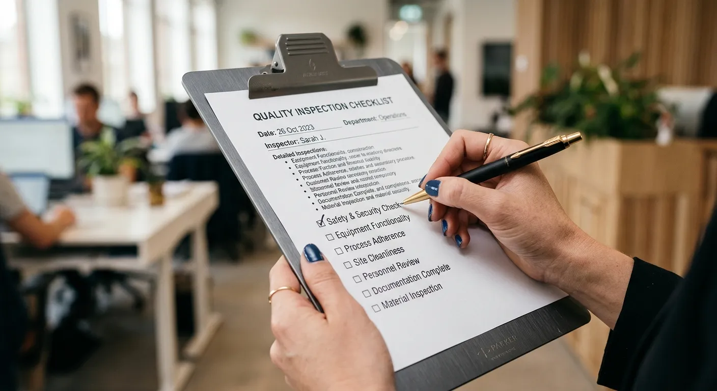 A person marking a checklist on a clipboard with stock photos in the background