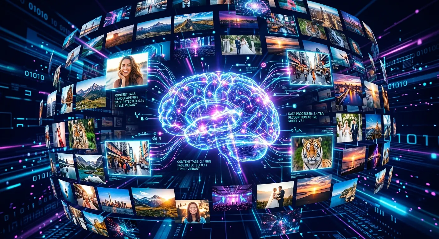 A glowing AI brain overlaying a grid of diverse stock photography representing automated metadata generation