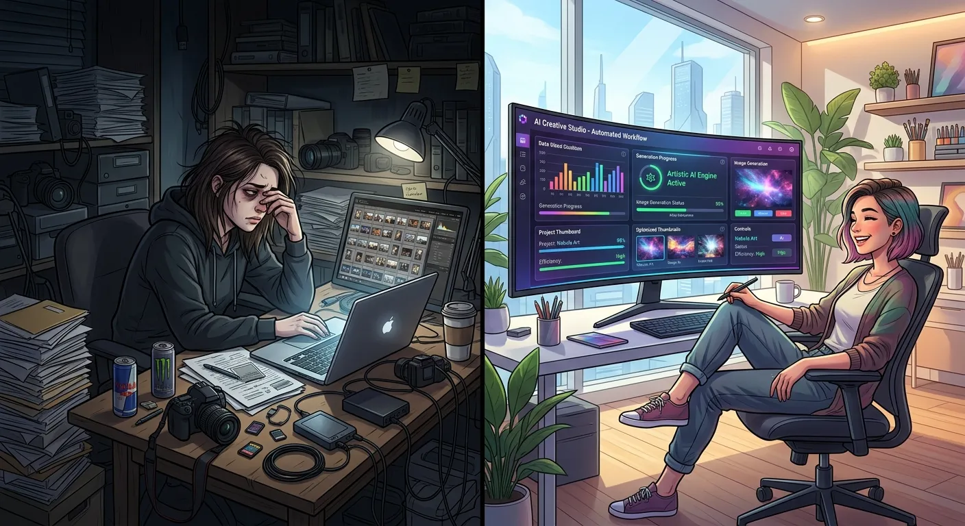 Side by side comparison showing a stressed photographer doing manual data entry versus a relaxed creator using AI keywording
