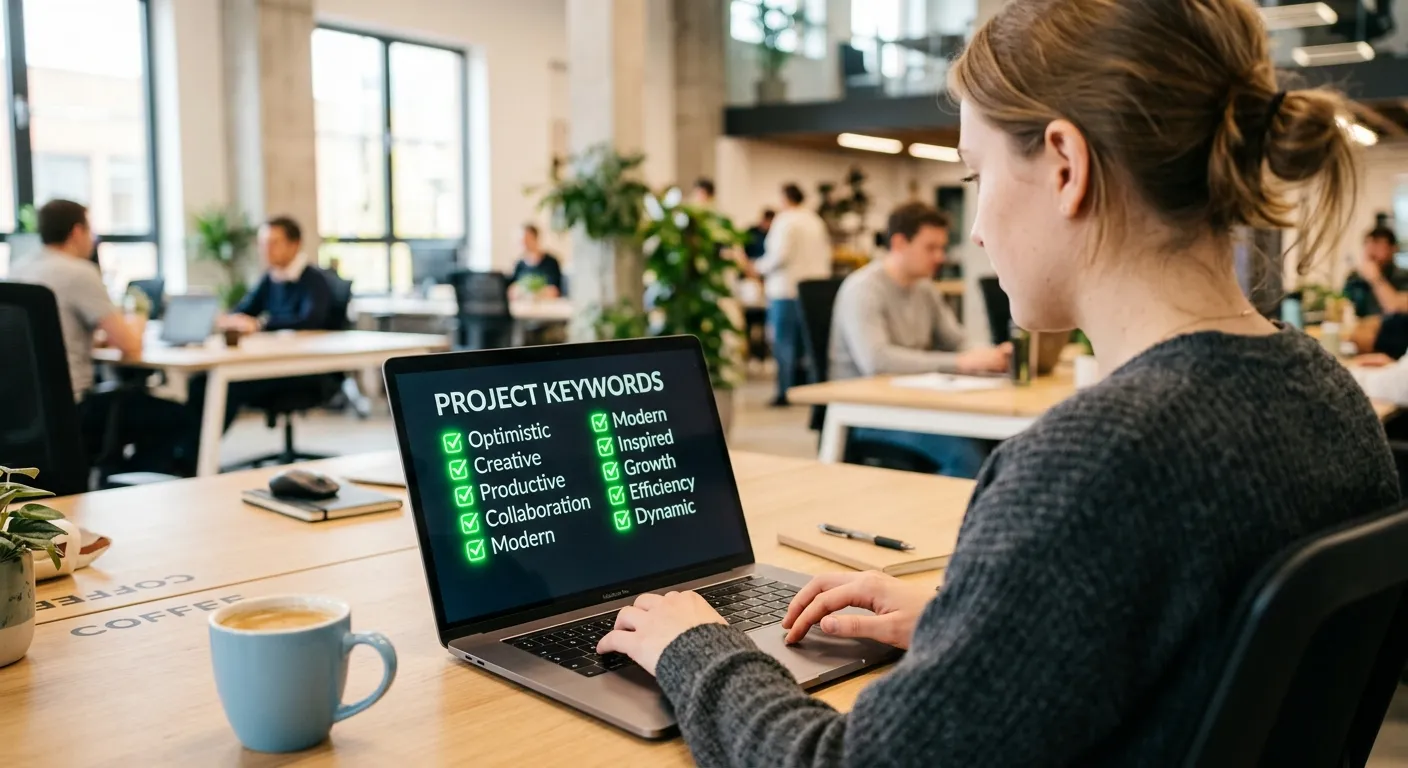 A person typing keywords into a laptop with green checkmarks appearing on screen