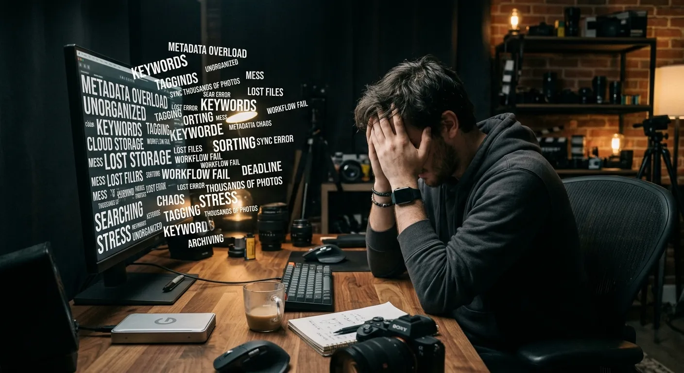 A frustrated stock photographer looking at a computer screen filled with too many words