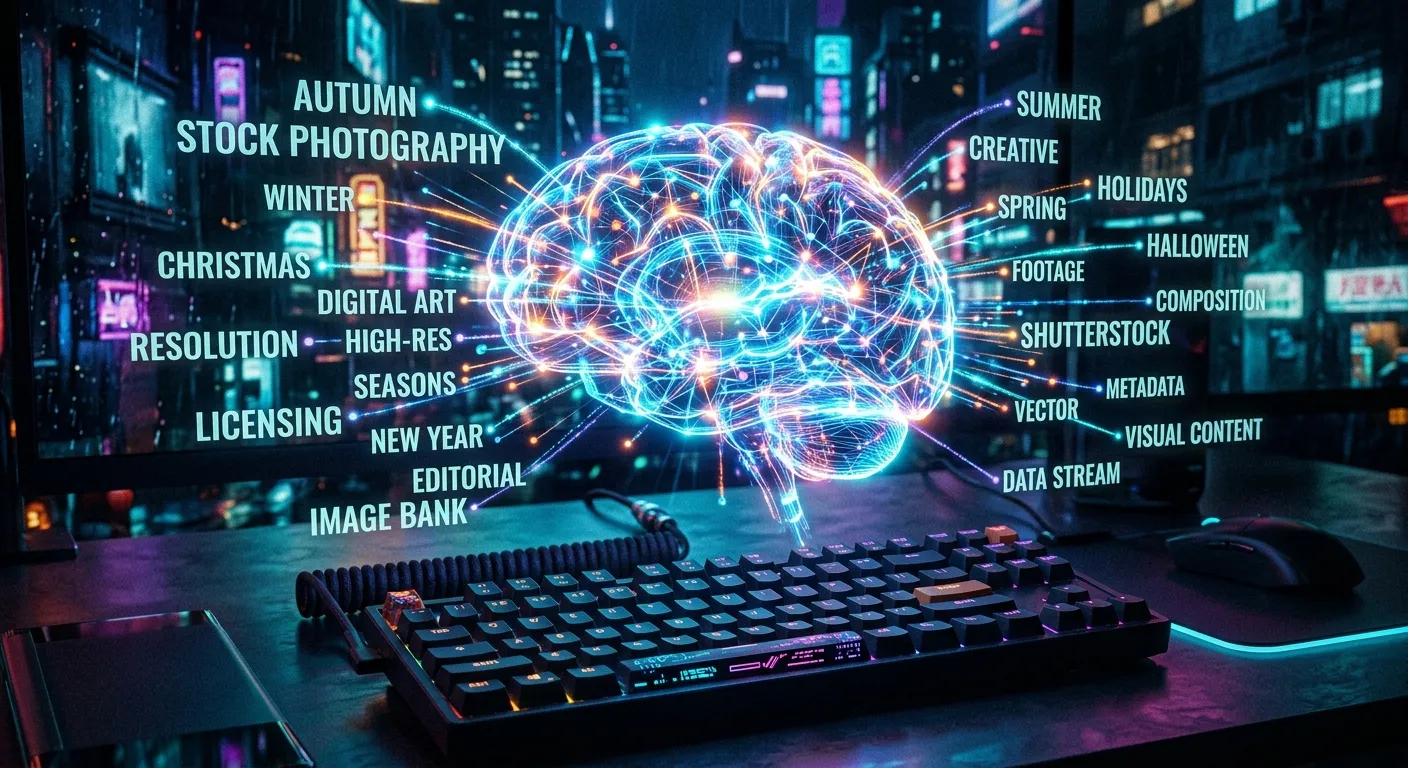 AI brain processing data related to trending stock photography keywords
