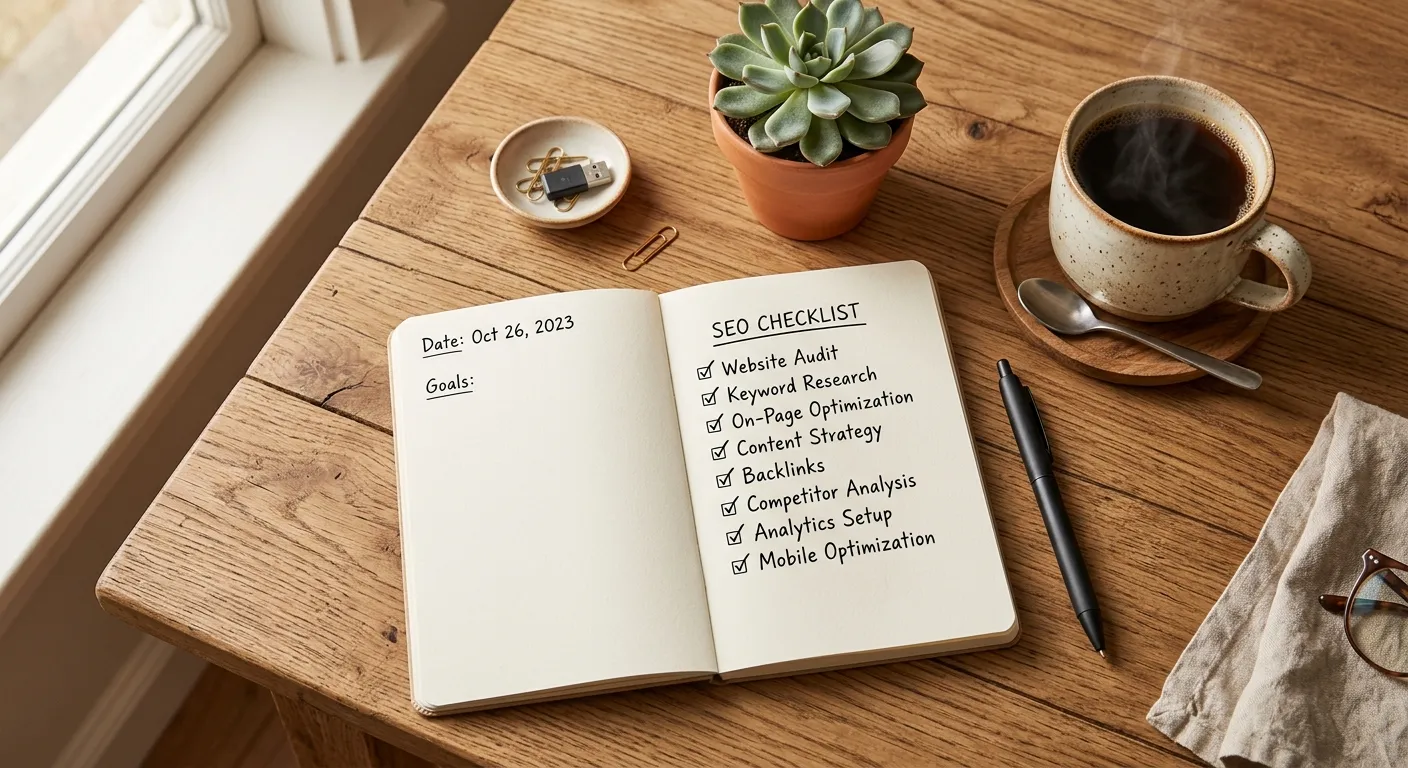 A notebook with a checklist for SEO success next to a cup of coffee on a wooden desk