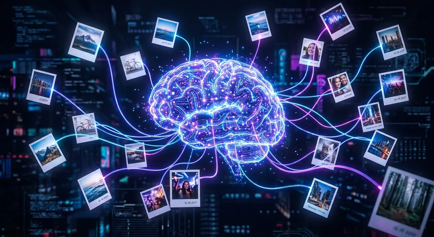 Futuristic artificial intelligence concept visualizing a neural network analyzing digital photographs