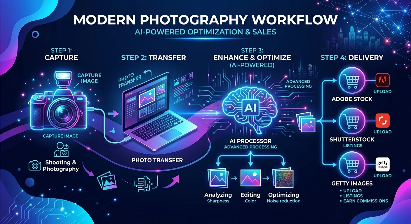 A flowchart graphic showing a streamlined automated stock photography workflow from camera to meita ai to stock agencies