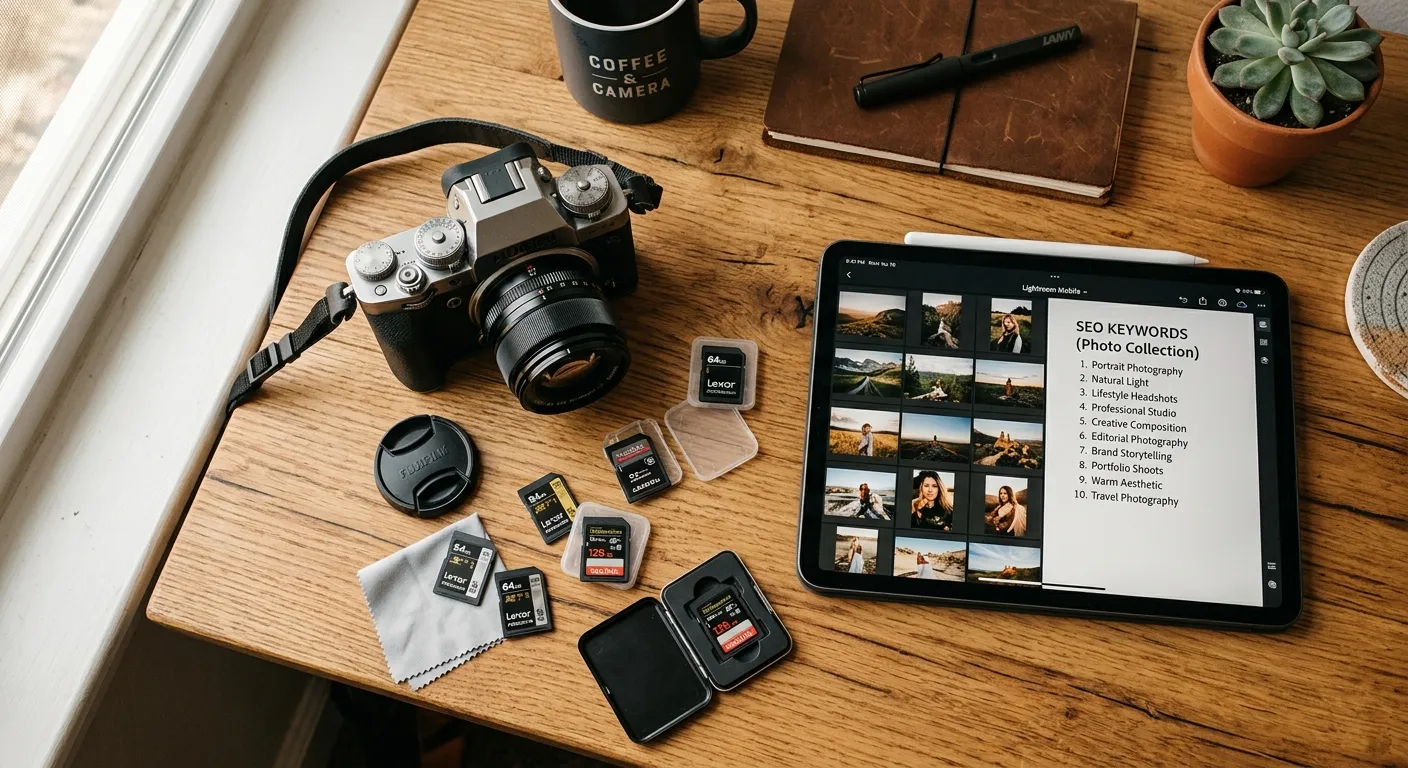 Top down view of a photographer reviewing metadata on a tablet next to a camera and sd cards