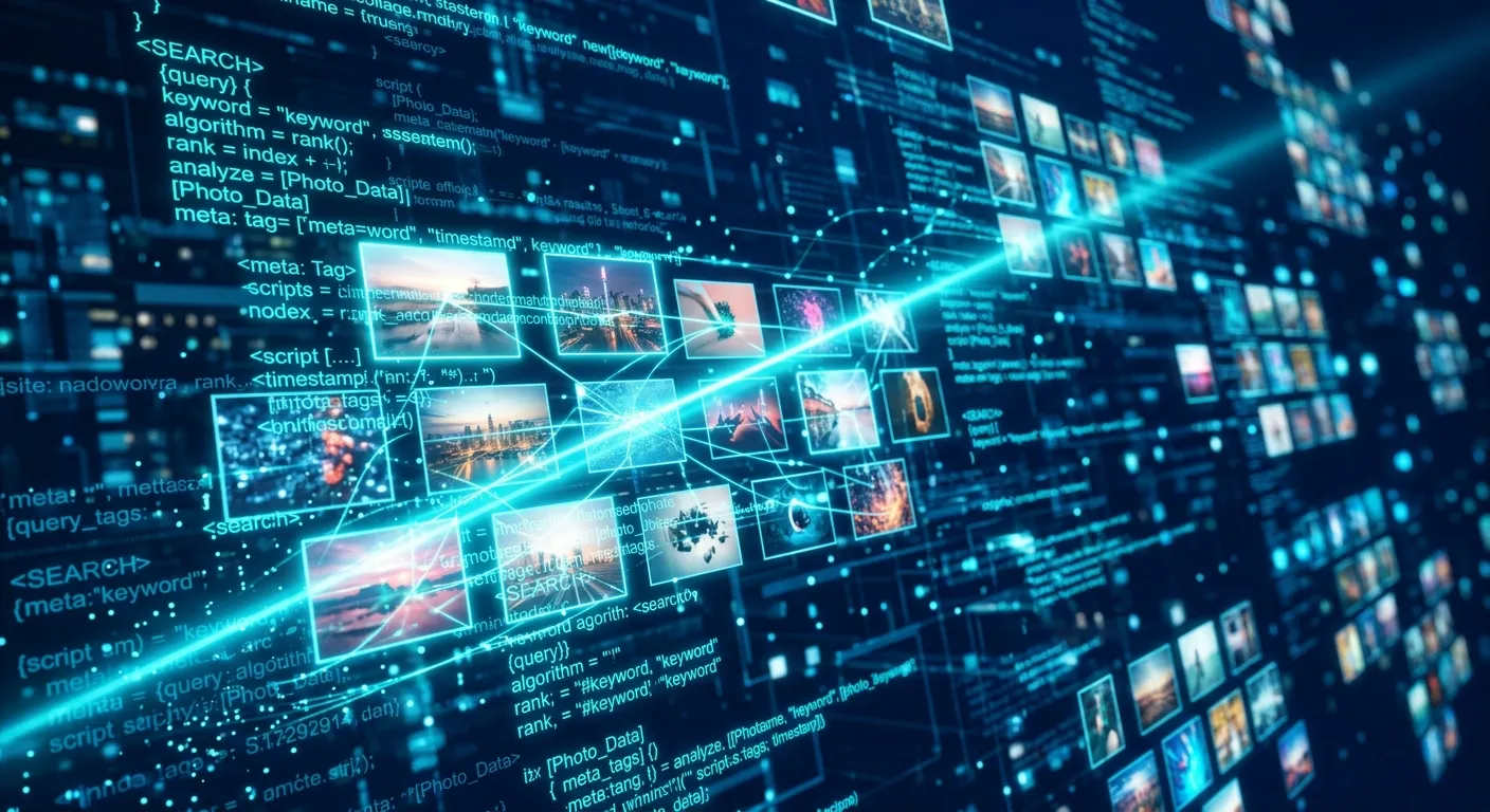 Search engine algorithm scanning stock photography metadata