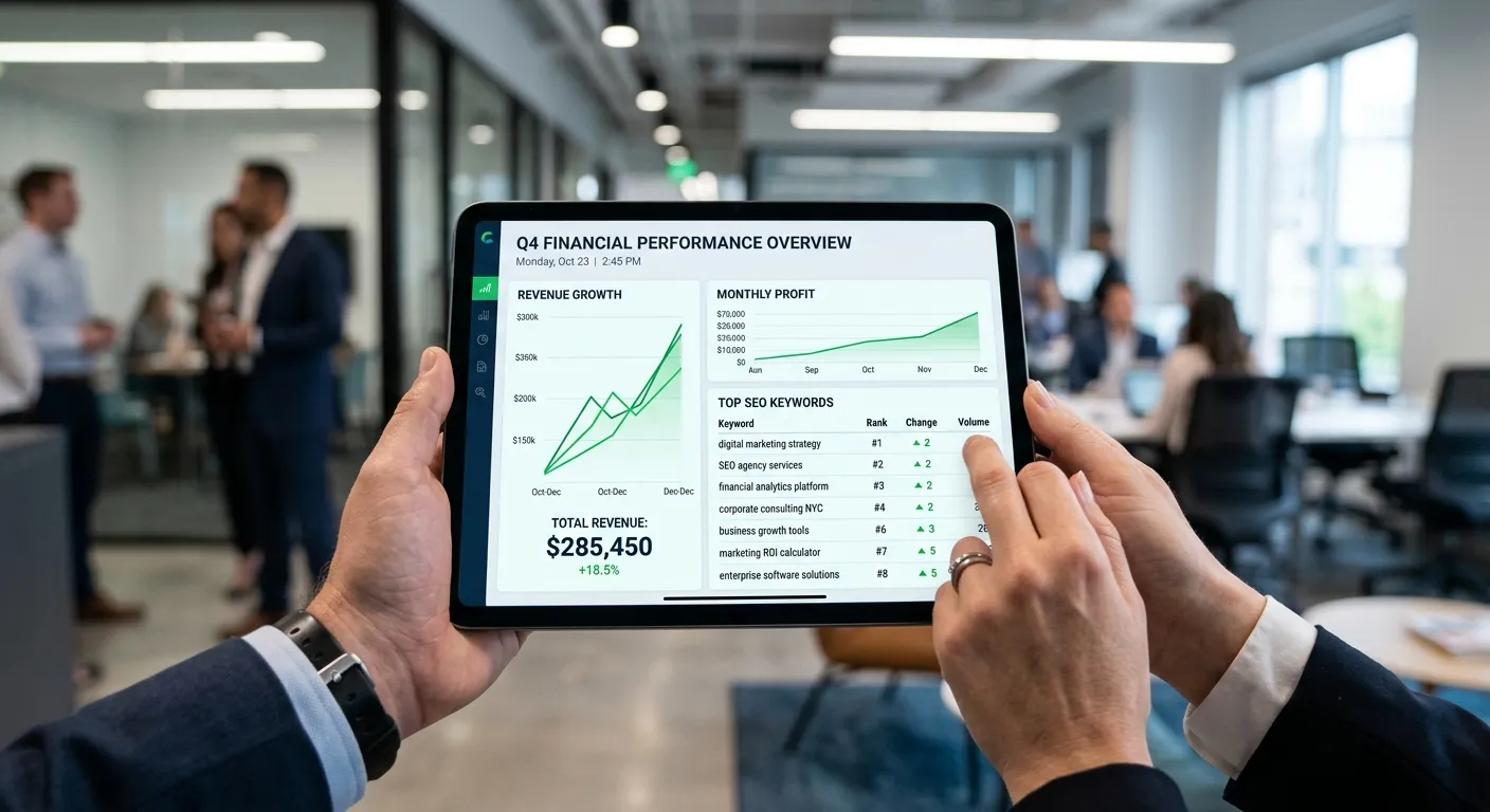 Close up of a tablet showing microstock sales analytics and top performing microstock keywords