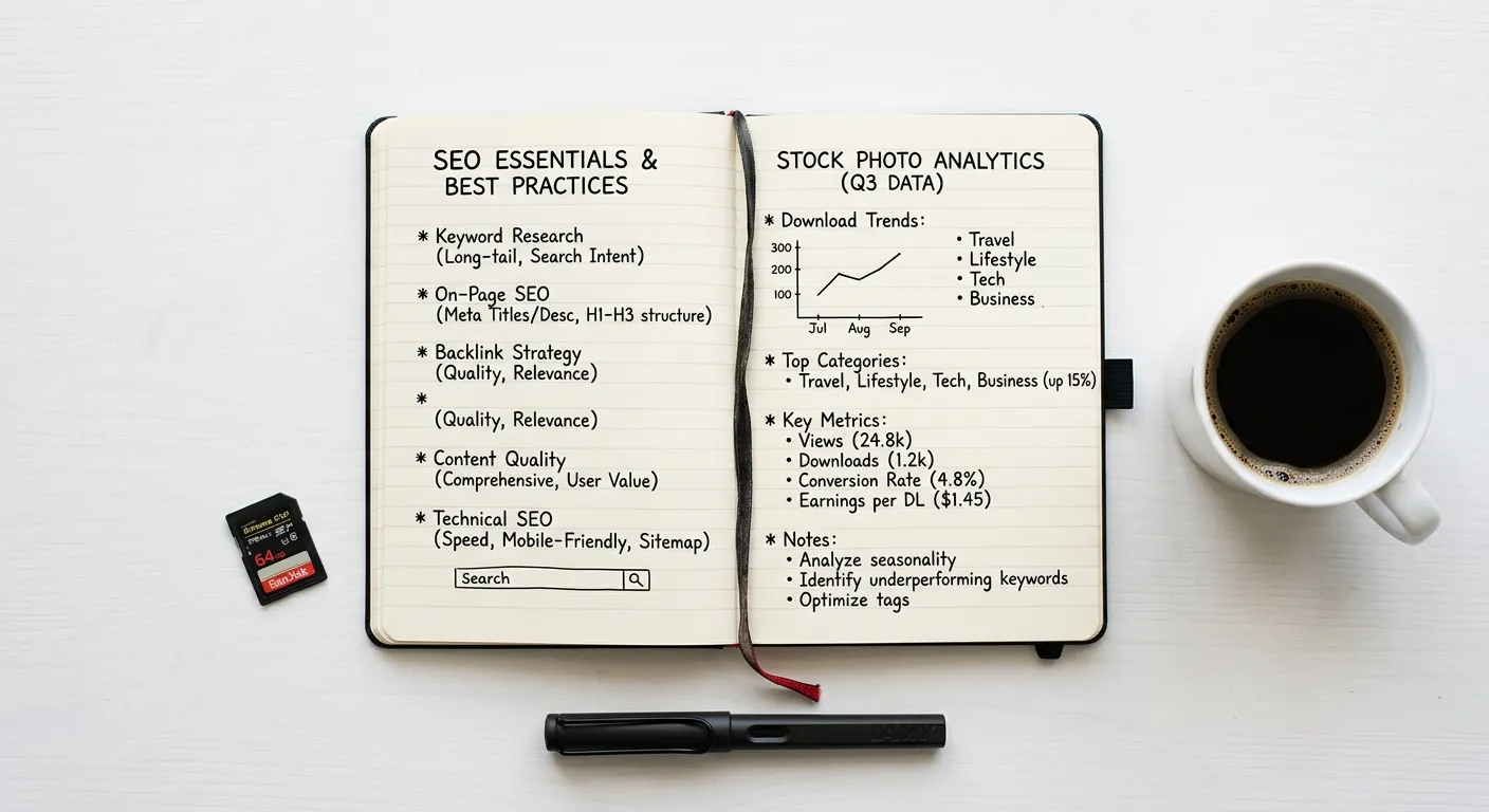 Notebook with microstock sales analytics strategies written down next to a coffee cup