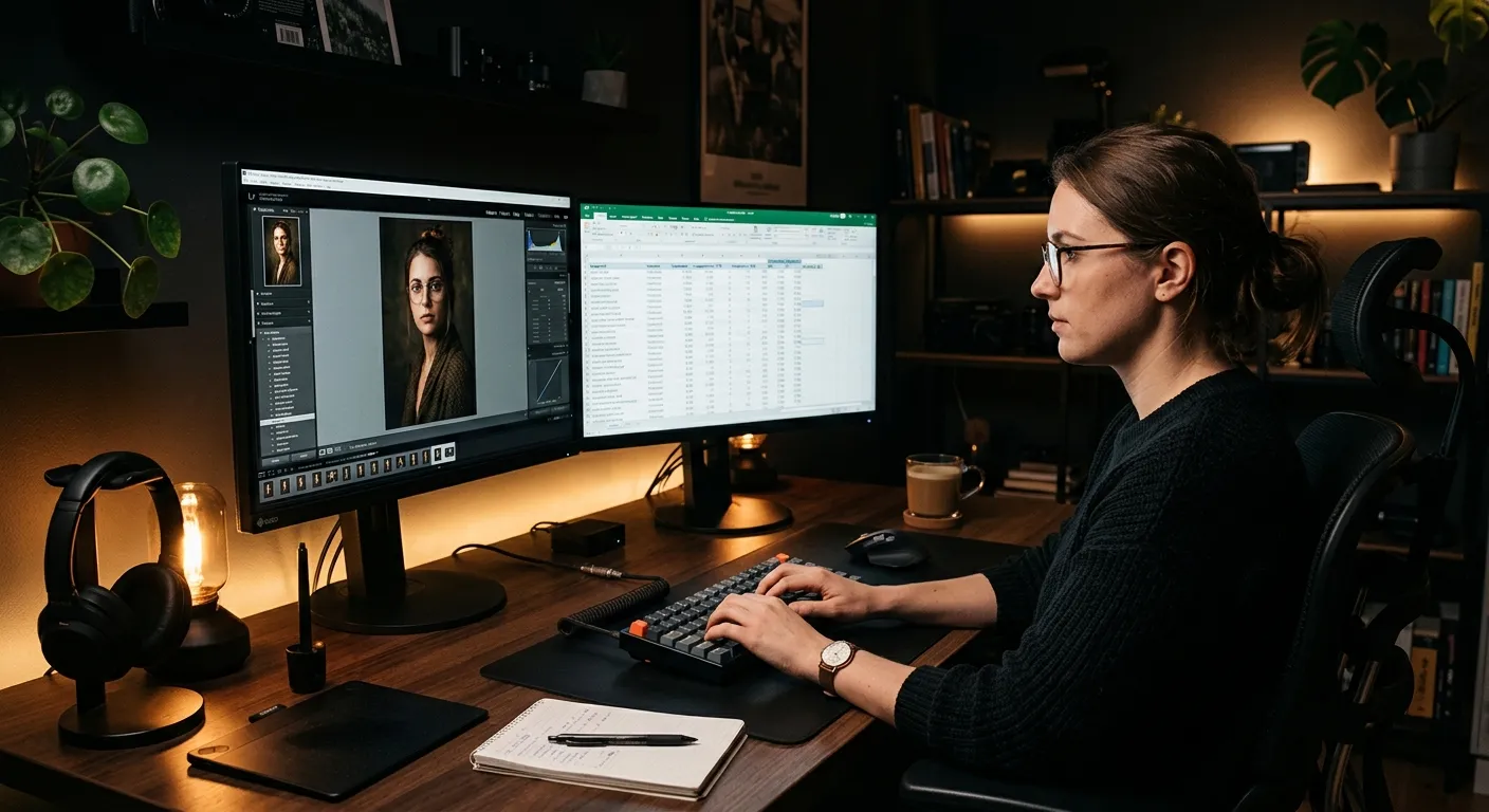 Creative professional typing metadata and tracking top performing microstock keywords on dual monitors